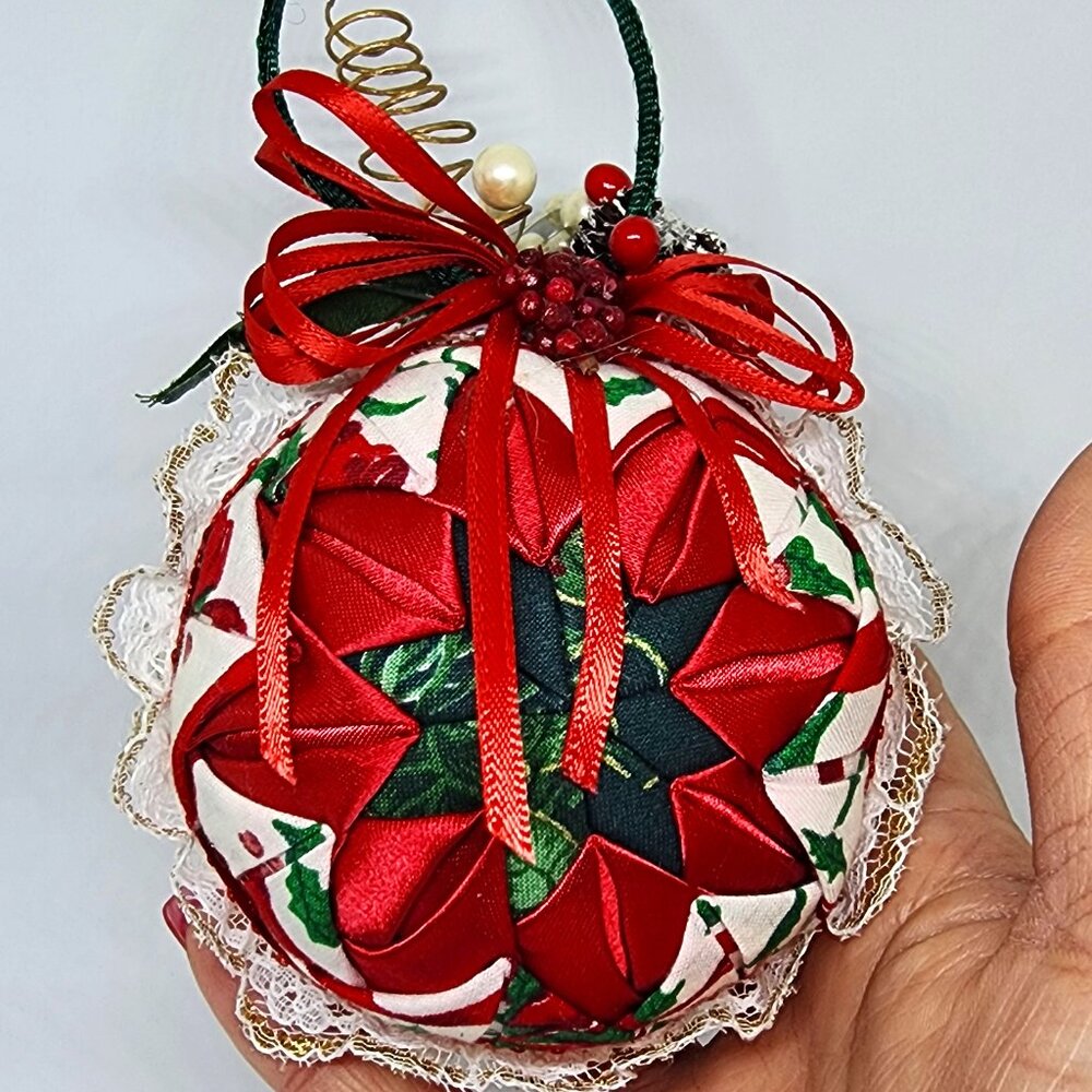 Vintage Handmade Folded Cloth Red Green White Lace Christmas Holiday Ornament